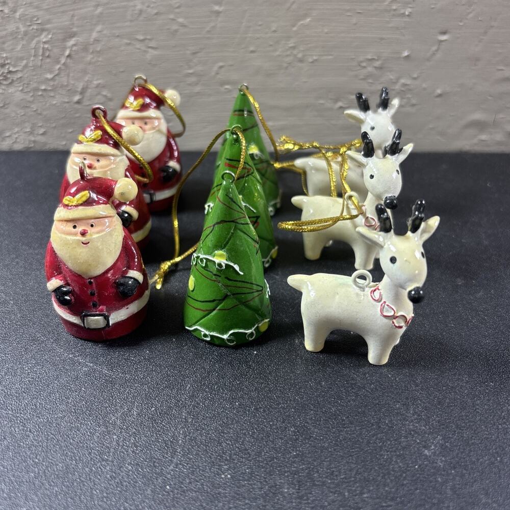 9 Vtg Small Holiday Ornaments Santa Reindeer & Christmas Tree Resin